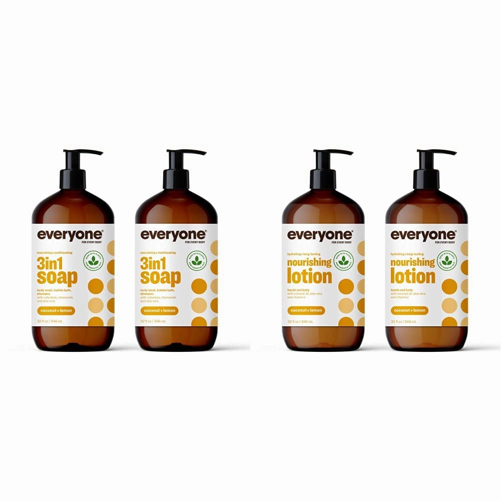 Everyone 3-in-1 Soap, Body Wash, Bubble Bath, Shampoo (32 Ounce) and Hand and Body Lotion (32 Ounce) Bundle - Coconut and Lemon