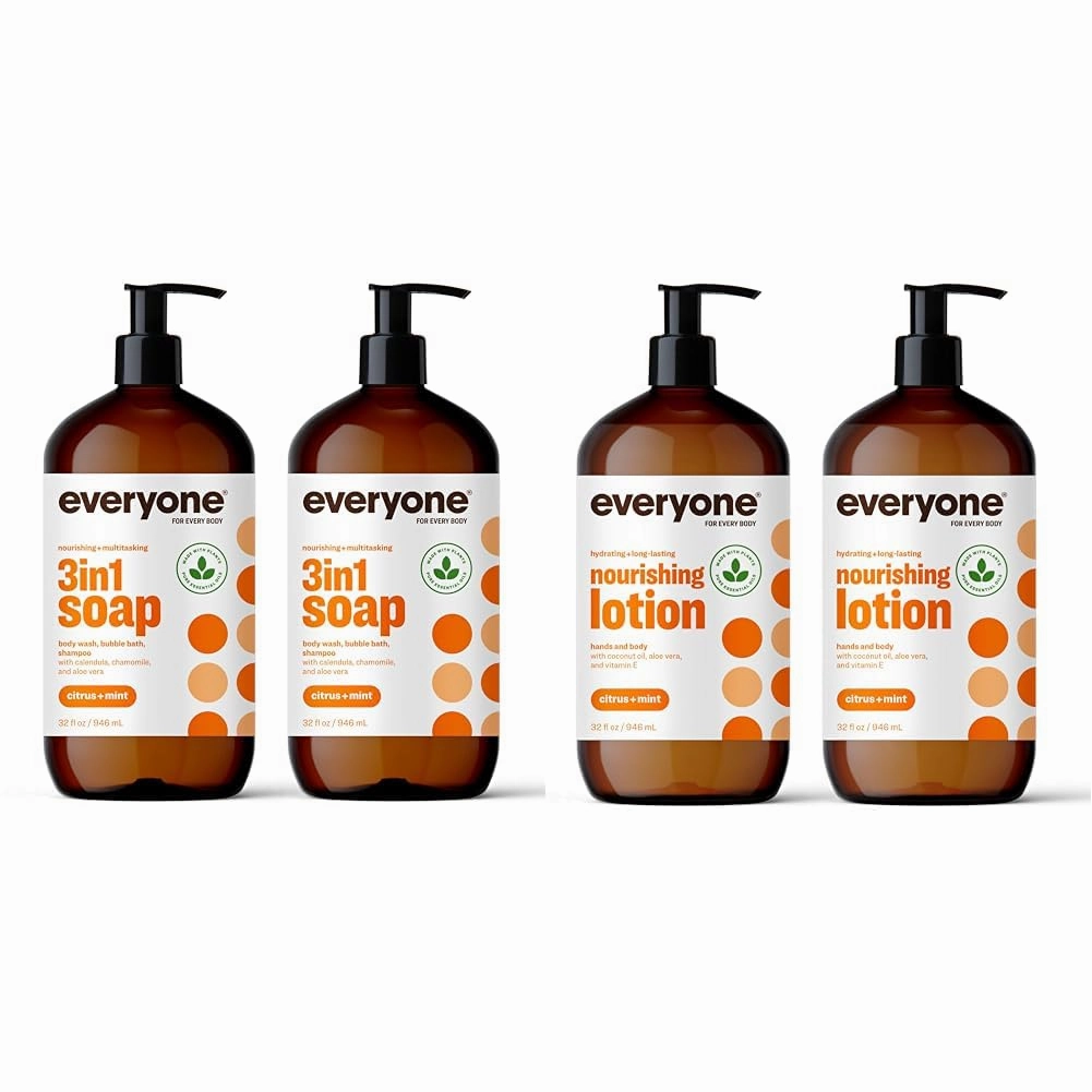 Everyone 3-in-1 Soap, Body Wash, Bubble Bath, Shampoo, 32 Ounce (Pack of 2) Nourishing Hand and Body Lotion, 32 Ounce (Pack of 2), Citrus and Mint