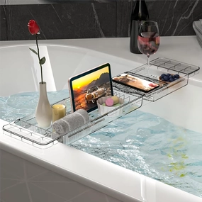 Expandable Bathtub Tray,Clear Plastic Anti-Slip Bath Tub Shelf Caddy Tray,Luxury Bathtub & Bathroom Accessories for Relaxing Spa,Suitable for bathtubs with an Internal Width of up to 28.7 inch