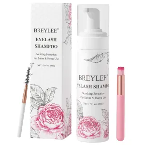 Eyelash Extension Cleanser, BREYLEEEyelash Extension Shampoo Eyelash Extension Foam & Brushes Eyelid Cleanser for Makeup Remover Paraben & Sulfate Free for Salon and Home Use(200ml, 7 fl oz)