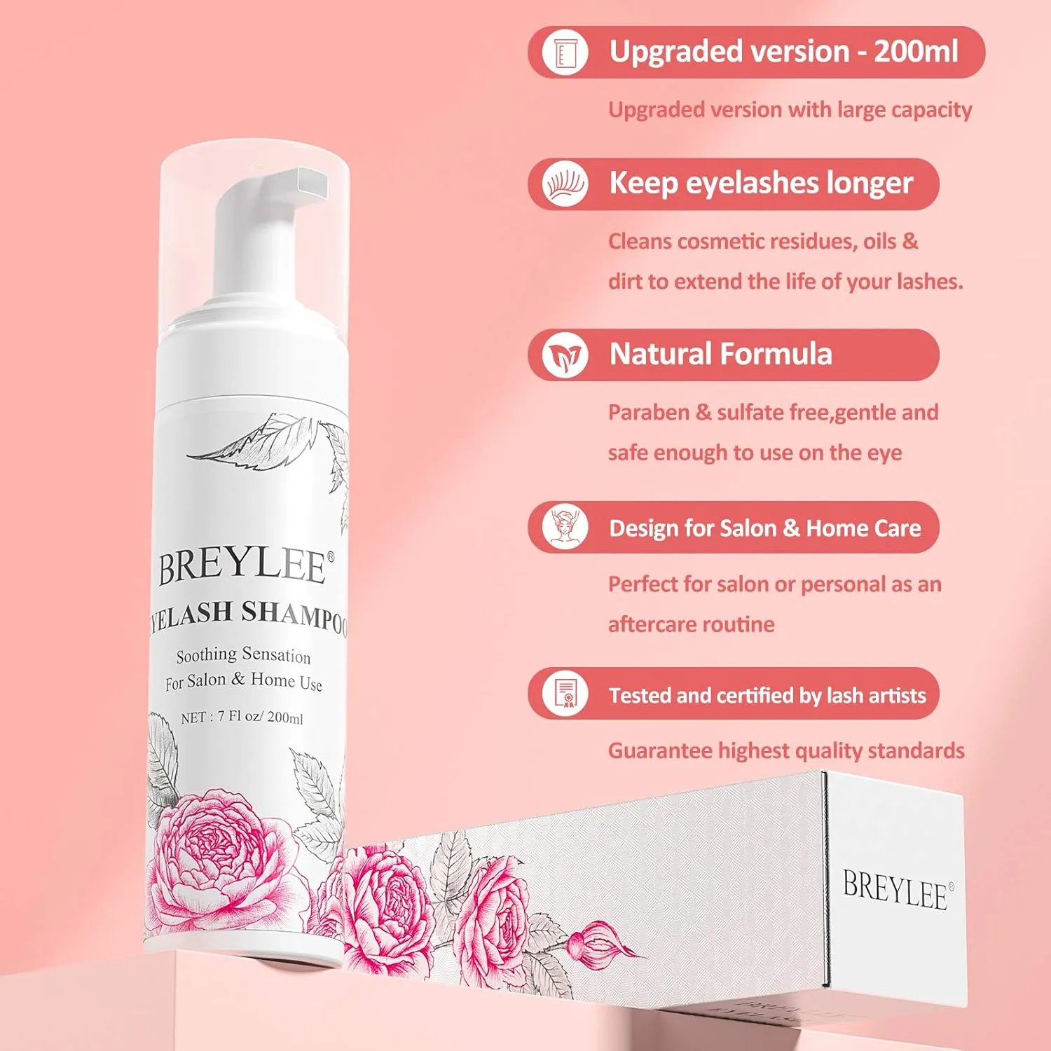 Eyelash Extension Cleanser, BREYLEEEyelash Extension Shampoo Eyelash Extension Foam & Brushes Eyelid Cleanser for Makeup Remover Paraben & Sulfate Free for Salon and Home Use(200ml, 7 fl oz)