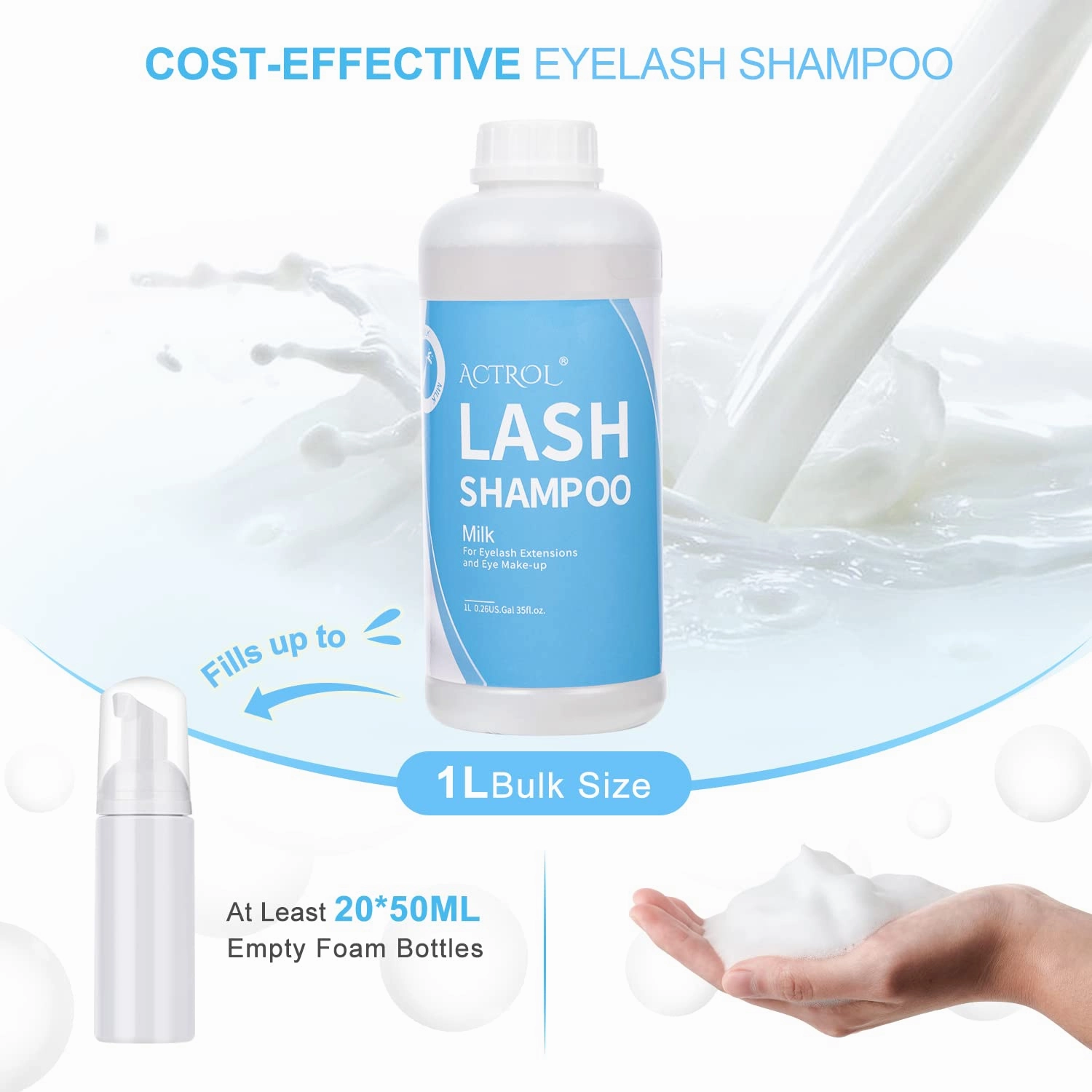 Eyelash Extension Cleanser Milk 1L Natural Lash Extension Shampoo Professional Eyelid Foaming Cleanser Paraben & Sulfate Free Non-lrritating with Salon and Home Care