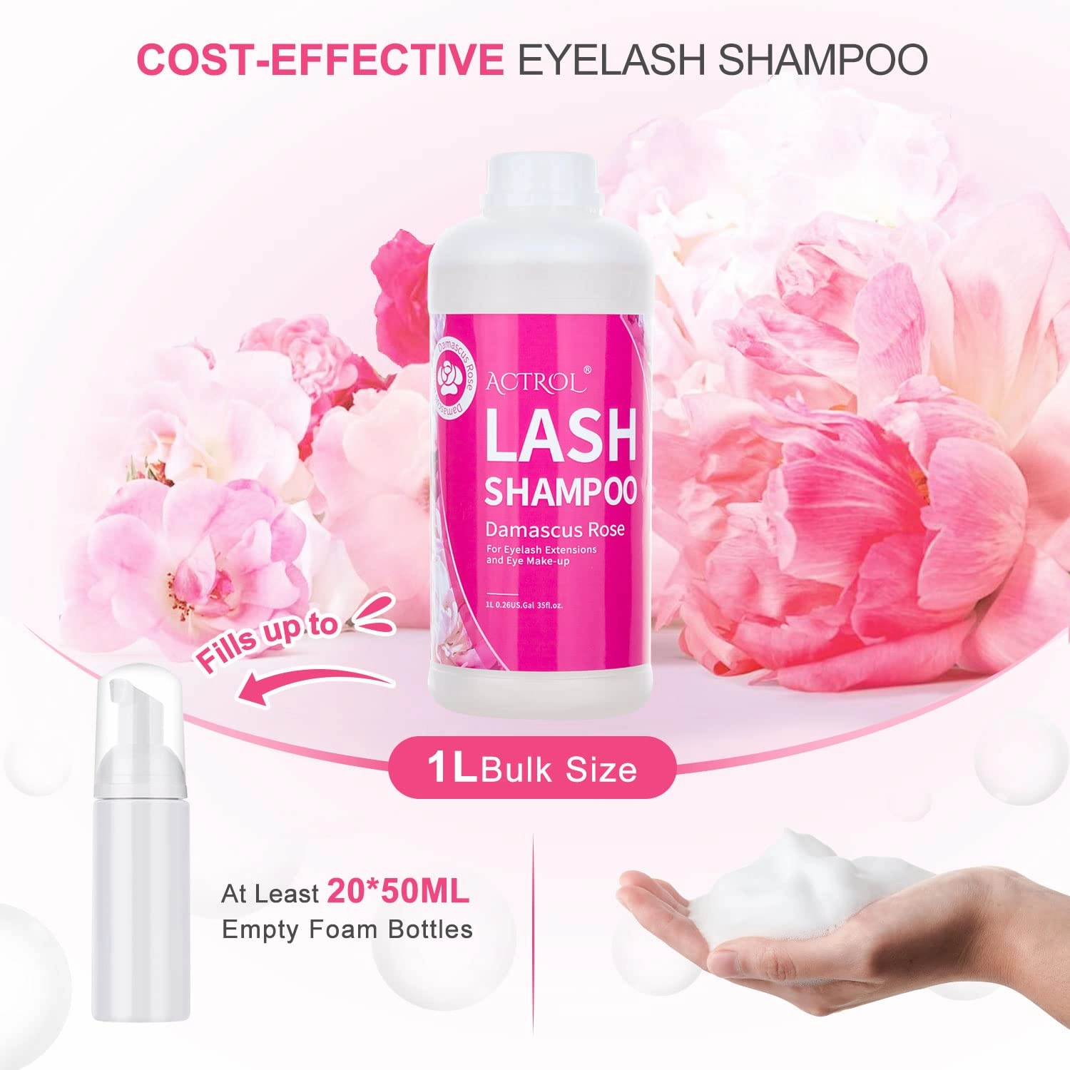 Eyelash Extension Cleanser Rose 1L Natural Lash Extension Shampoo Professional Eyelid Foaming Cleanser Paraben & Sulfate Free Non-lrritating with Salon and Home Care