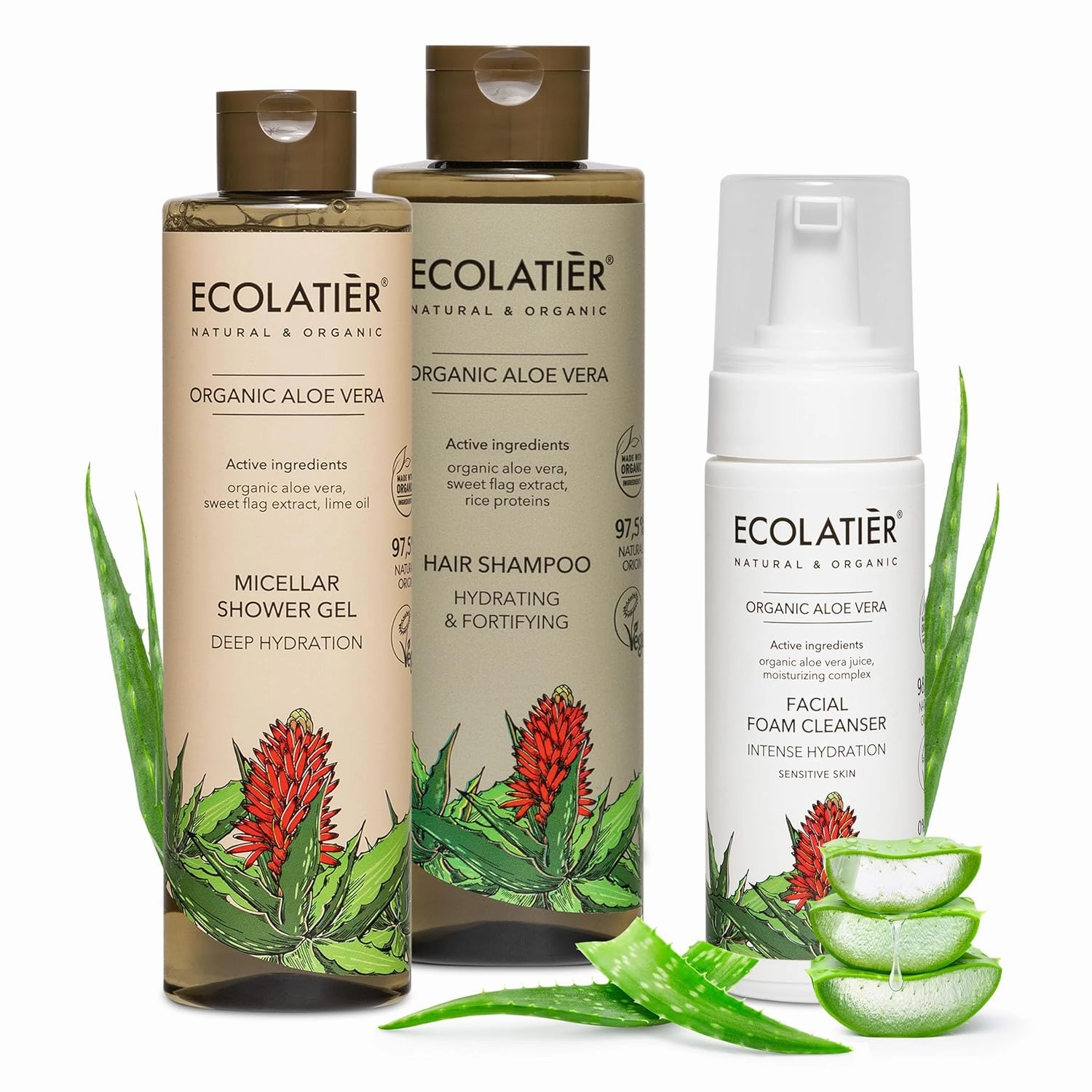 Facial Foam Cleanser, Hydrating Shampoo & Micellar Shower Gel Bundle - Organic Aloe Vera - Deep Cleansing, Nourishing & Hydrating Skincare & Haircare, Vegan
