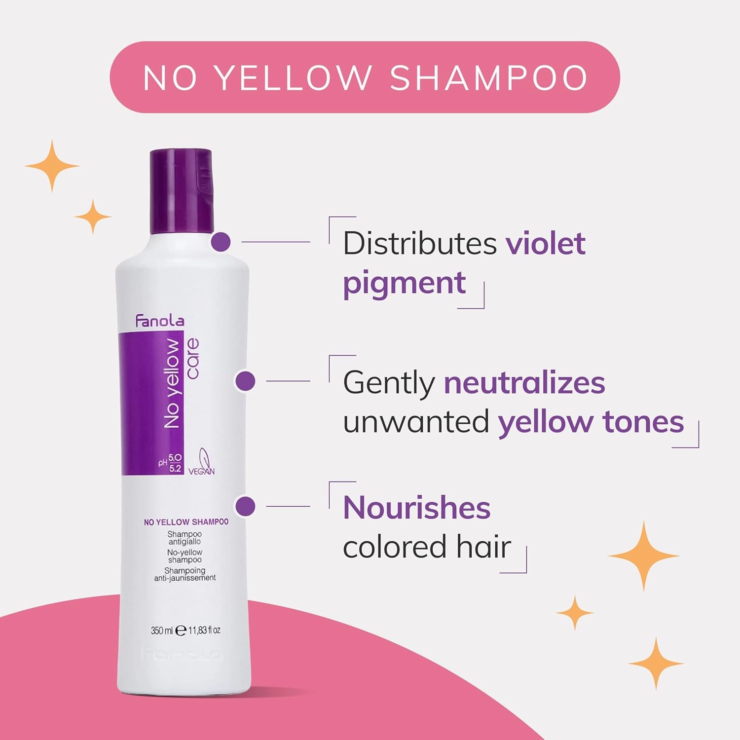 Fanola No Yellow Purple Shampoo - Purple Color Depositing Shampoo for Blondes, Bleached & Grey Hair - Formulated with Violet Pigment to Remove Brassy Tones from Hair (11.83 Fl oz)