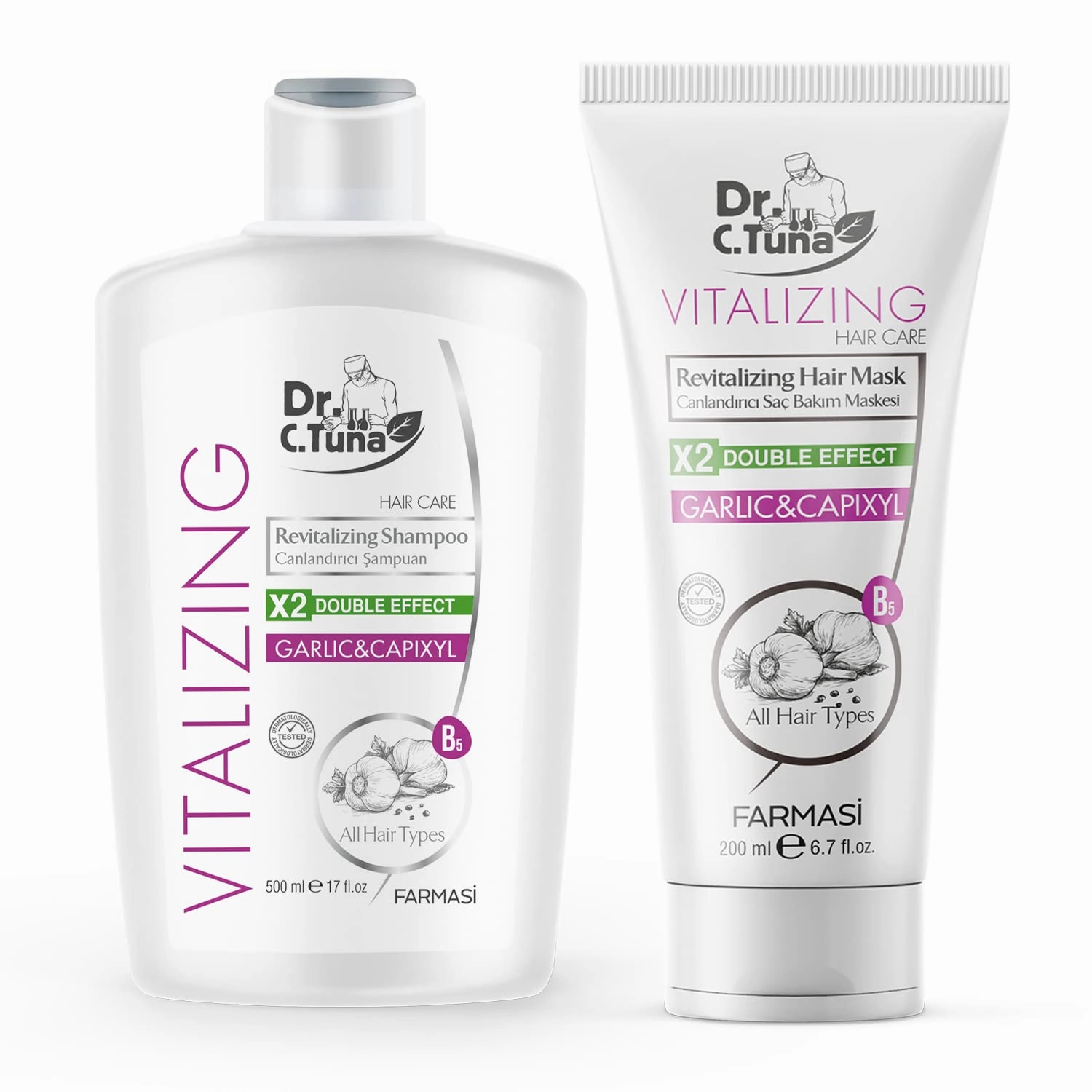 FARMASI Dr. C. Tuna Vitalizing Garlic Shampoo and Hair Mask - Natural Treatment for Hair Growth, Prevents Loss, Stimulates Growth with Capixyl