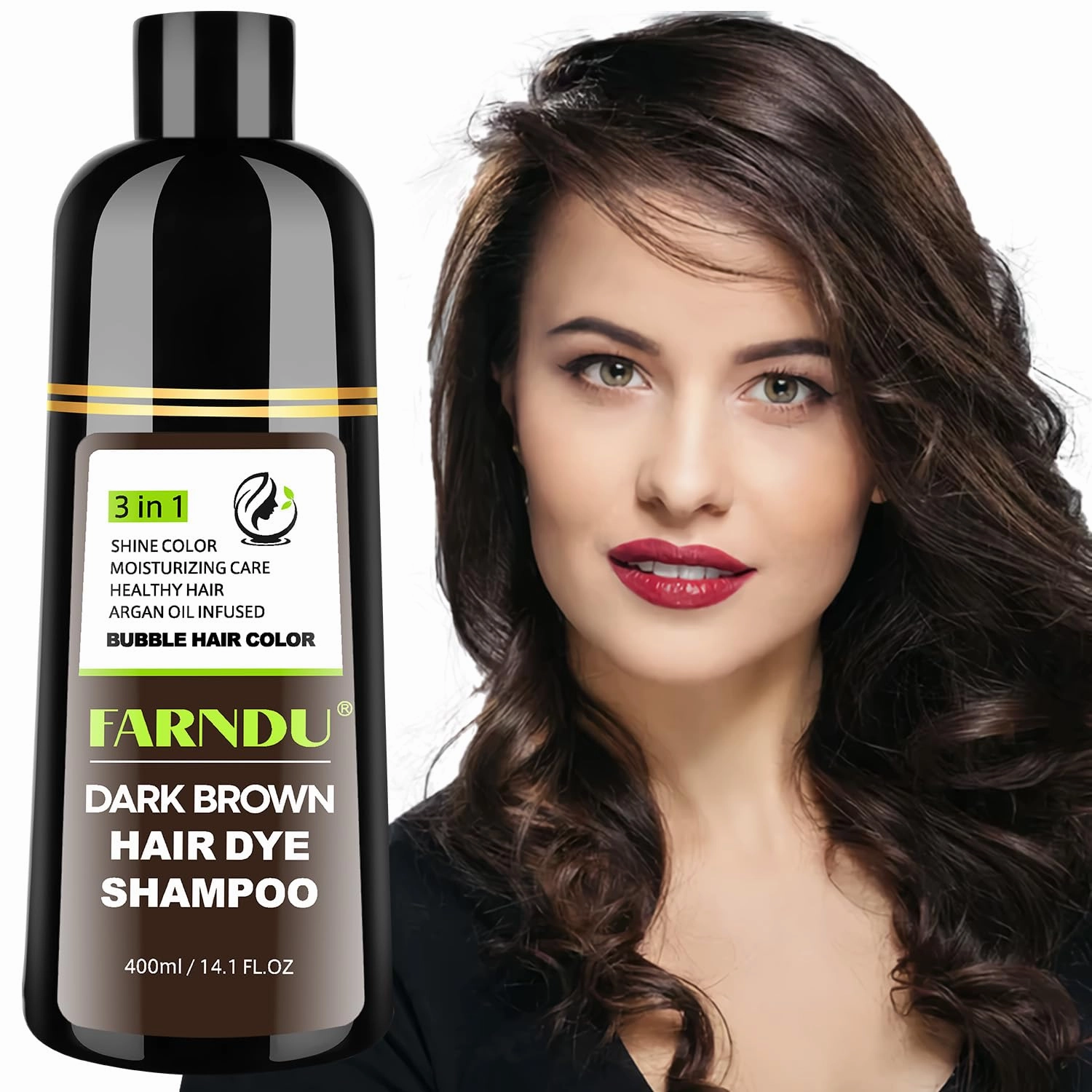 FARNDU Dark Brown Hair Dye Shampoo for Gray Hair Coverage - 3 In 1 Natural Hair Color Shampoo for Women & Men, Champu Para Canas Mujer