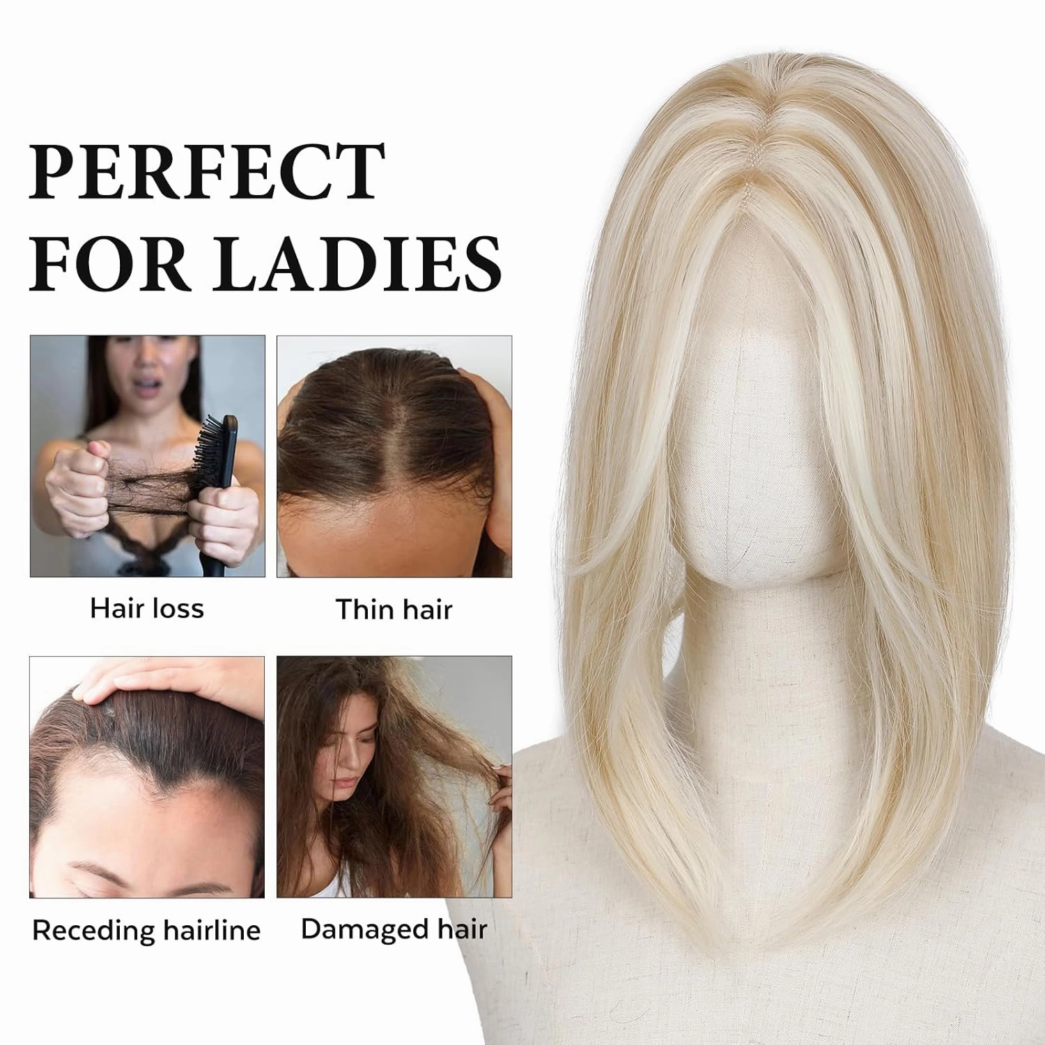 FAVE Hair Toppers 14 Inch Hair Toppers for Women Futura Fluffy Hair Pieces for Thinning Hair Large Base Kanekalon Hair Topper with Bangs (Mix Blonde, 14 inch)