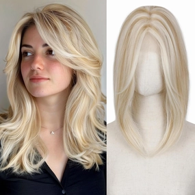 FAVE Hair Toppers 14 Inch Hair Toppers for Women Futura Fluffy Hair Pieces for Thinning Hair Large Base Kanekalon Hair Topper with Bangs (Mix Blonde, 14 inch)