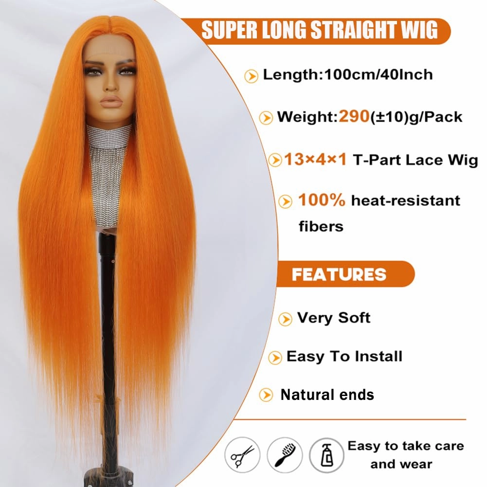 Felek Super Long Ginger Orange T Part Lace Wigs Synthetic 40 Inch Straight 13x4x1 T Lace Front Wigs Heat Resistant Fiber Glueless Pre-Plucked Natural Hairline Lace Wig For Fashion Women/Girls(Ginger)