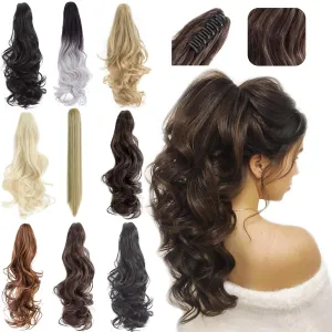 FELENDY Ponytail Extension Claw 18" 20" Curly Wavy Straight Clip in Hairpiece One Piece A Jaw Long Pony Tails for Women Ash Blonde Mix Brown