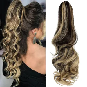 FELENDY Ponytail Extension Claw 18" 20" Curly Wavy Straight Clip in Hairpiece One Piece A Jaw Long Pony Tails for Women Ash Blonde Mix Brown