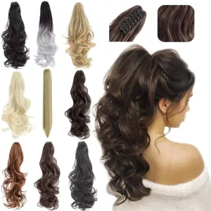 FELENDY Ponytail Extension Claw 18" 20" Curly Wavy Straight Clip in Hairpiece One Piece A Jaw Long Pony Tails for Women Ash Blonde Mix Ginger Brown