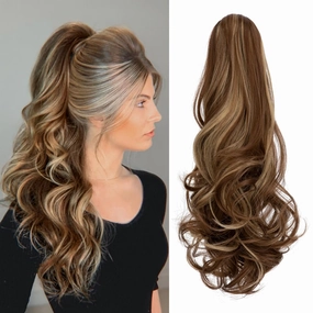 FELENDY Ponytail Extension Claw 18" 20" Curly Wavy Straight Clip in Hairpiece One Piece A Jaw Long Pony Tails for Women Ash Blonde Mix Light Brown