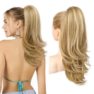 FLUFYMOOZ Ponytail Extension for Women, 20 Inch Drawstring Ponytail Hair Extension for Women, Soft Natural Looking Synthetic Pony Tails Hairpiece (Blonde with Highlights)