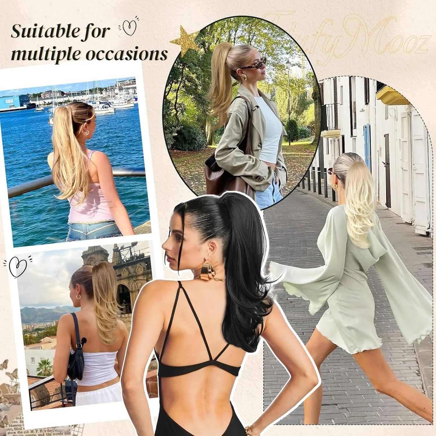 FLUFYMOOZ Ponytail Extension for Women, 20 Inch Drawstring Ponytail Hair Extension for Women, Soft Natural Looking Synthetic Pony Tails Hairpiece (Blonde with Highlights)