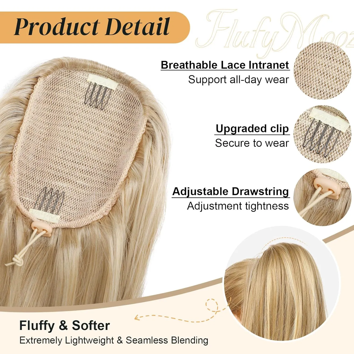 FLUFYMOOZ Ponytail Extension for Women, 20 Inch Drawstring Ponytail Hair Extension for Women, Soft Natural Looking Synthetic Pony Tails Hairpiece (Blonde with Highlights)