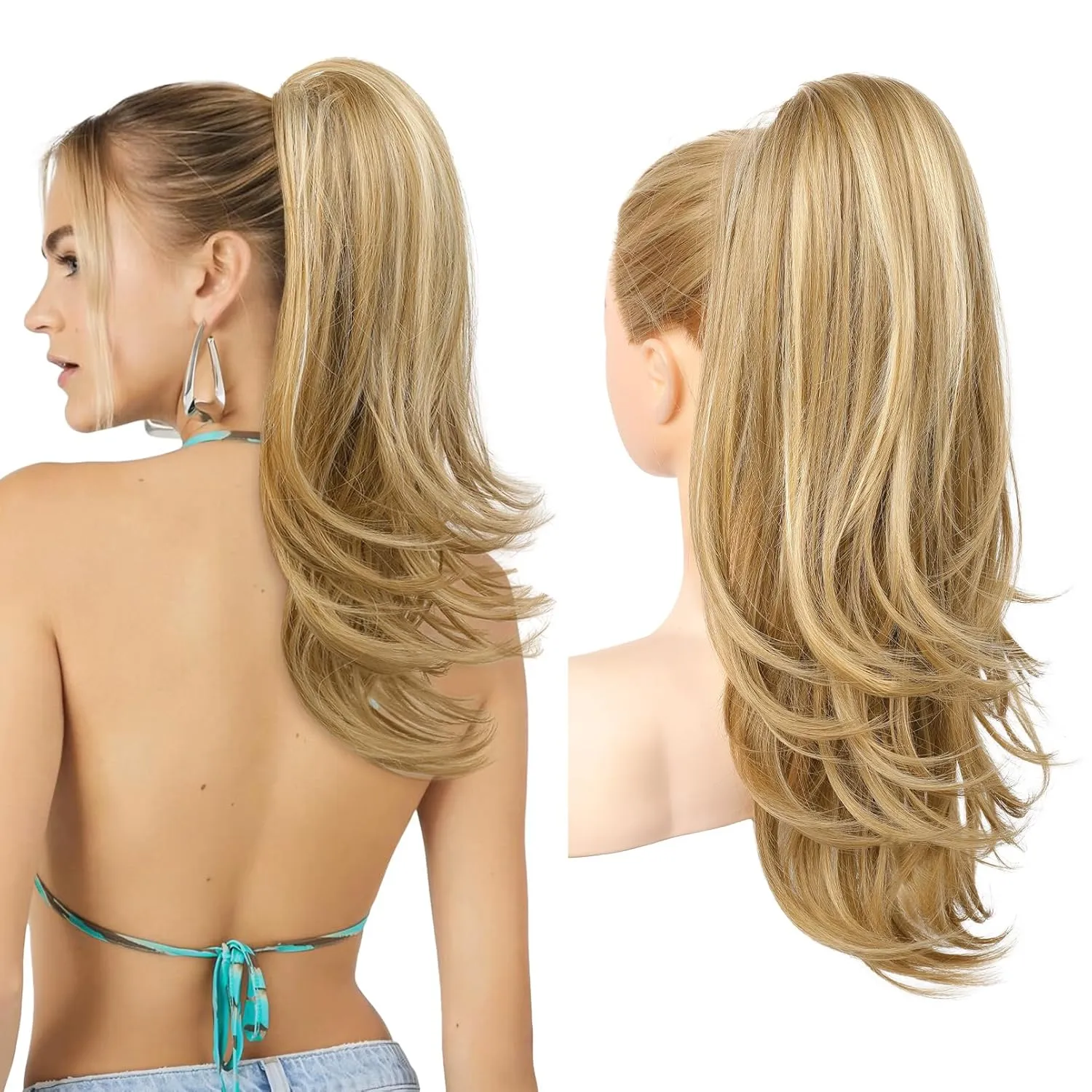 FLUFYMOOZ Ponytail Extension for Women, 20 Inch Drawstring Ponytail Hair Extension for Women, Soft Natural Looking Synthetic Pony Tails Hairpiece (Blonde with Highlights)