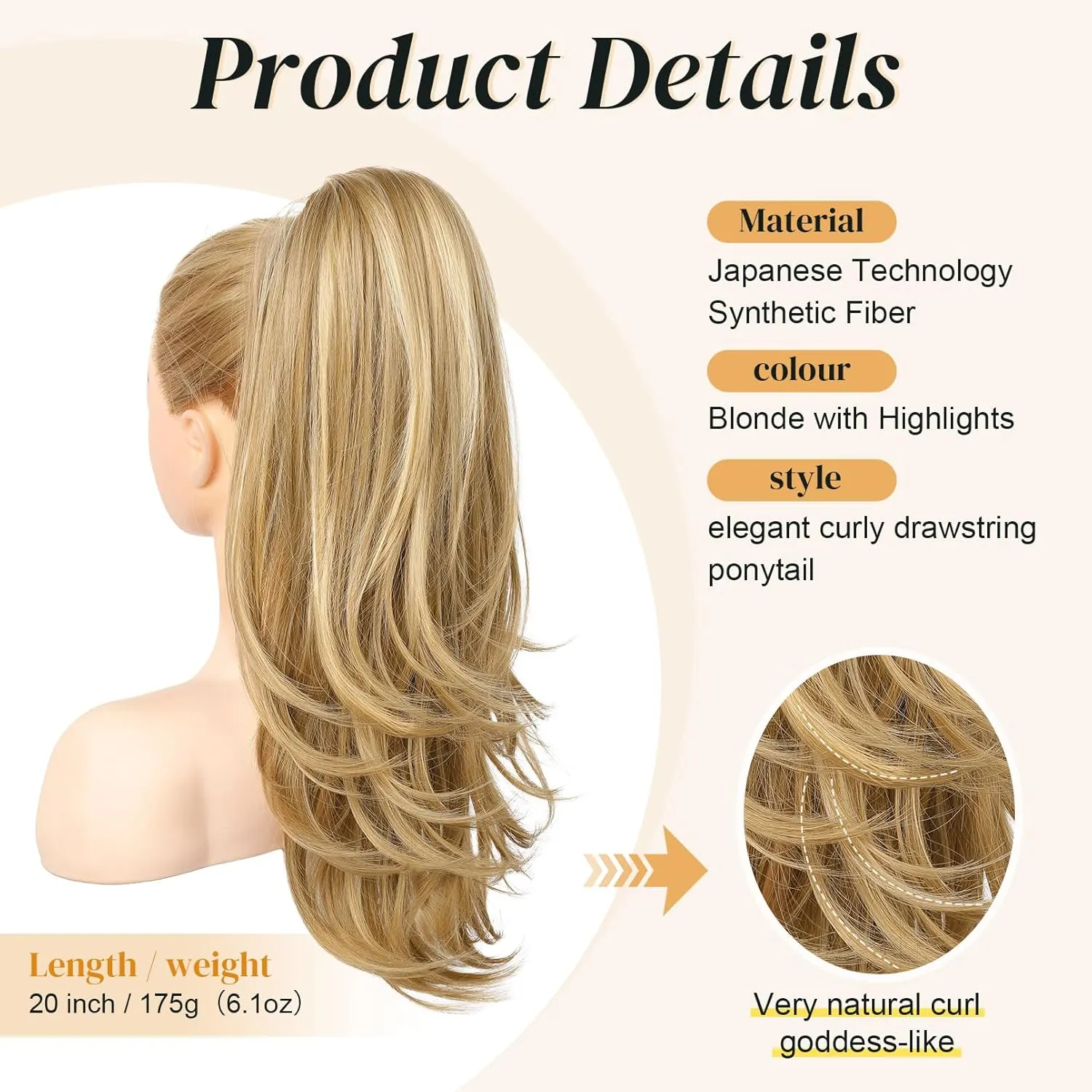 FLUFYMOOZ Ponytail Extension for Women, 20 Inch Drawstring Ponytail Hair Extension for Women, Soft Natural Looking Synthetic Pony Tails Hairpiece (Blonde with Highlights)