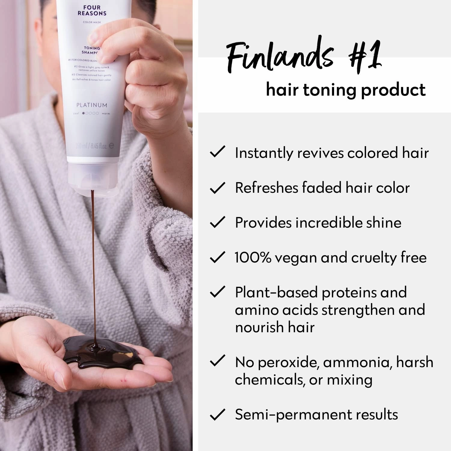 FOUR REASONS Color Depositing Shampoo for Color Treated Hair - Platinum Blonde/Grey, Sulfate Free Grey Hair Toner, , 8.45 Fl Oz