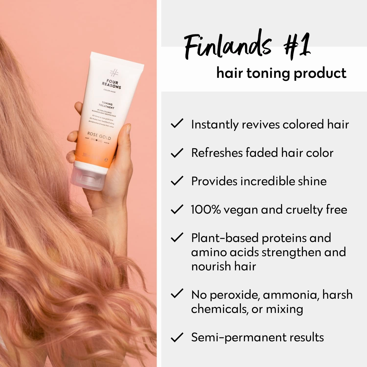 Four Reasons Color Mask - Rose Gold - (19 Colors) Toning Treatment, Color Depositing Conditioner, Tone & Enhance Color-Treated Hair - Semi Permanent Hair Dye, Vegan and Cruelty-Free, 6.76 fl oz