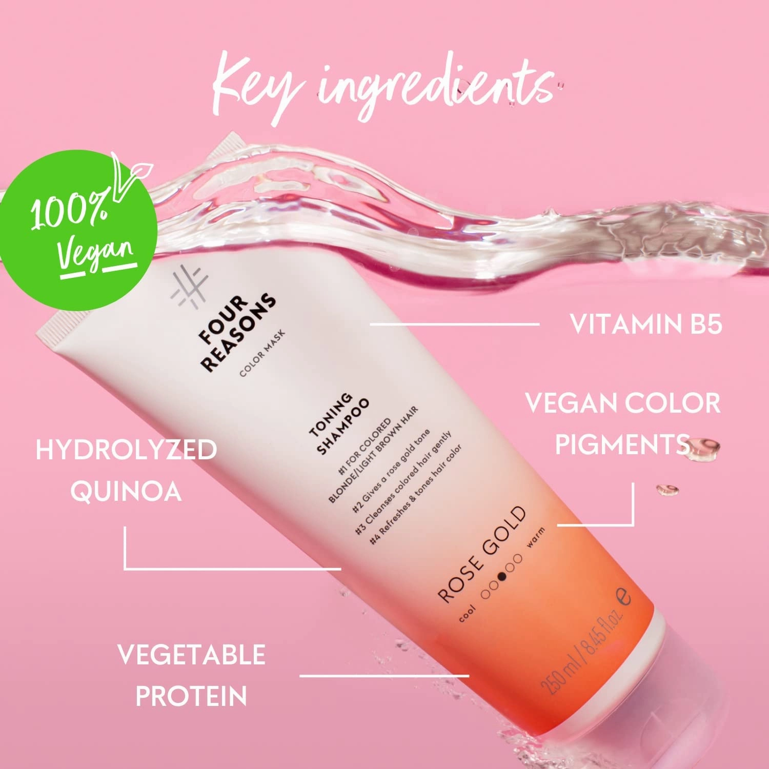 Four Reasons Color Mask - Rose Gold - (19 Colors) Toning Treatment, Color Depositing Conditioner, Tone & Enhance Color-Treated Hair - Semi Permanent Hair Dye, Vegan and Cruelty-Free, 6.76 fl oz