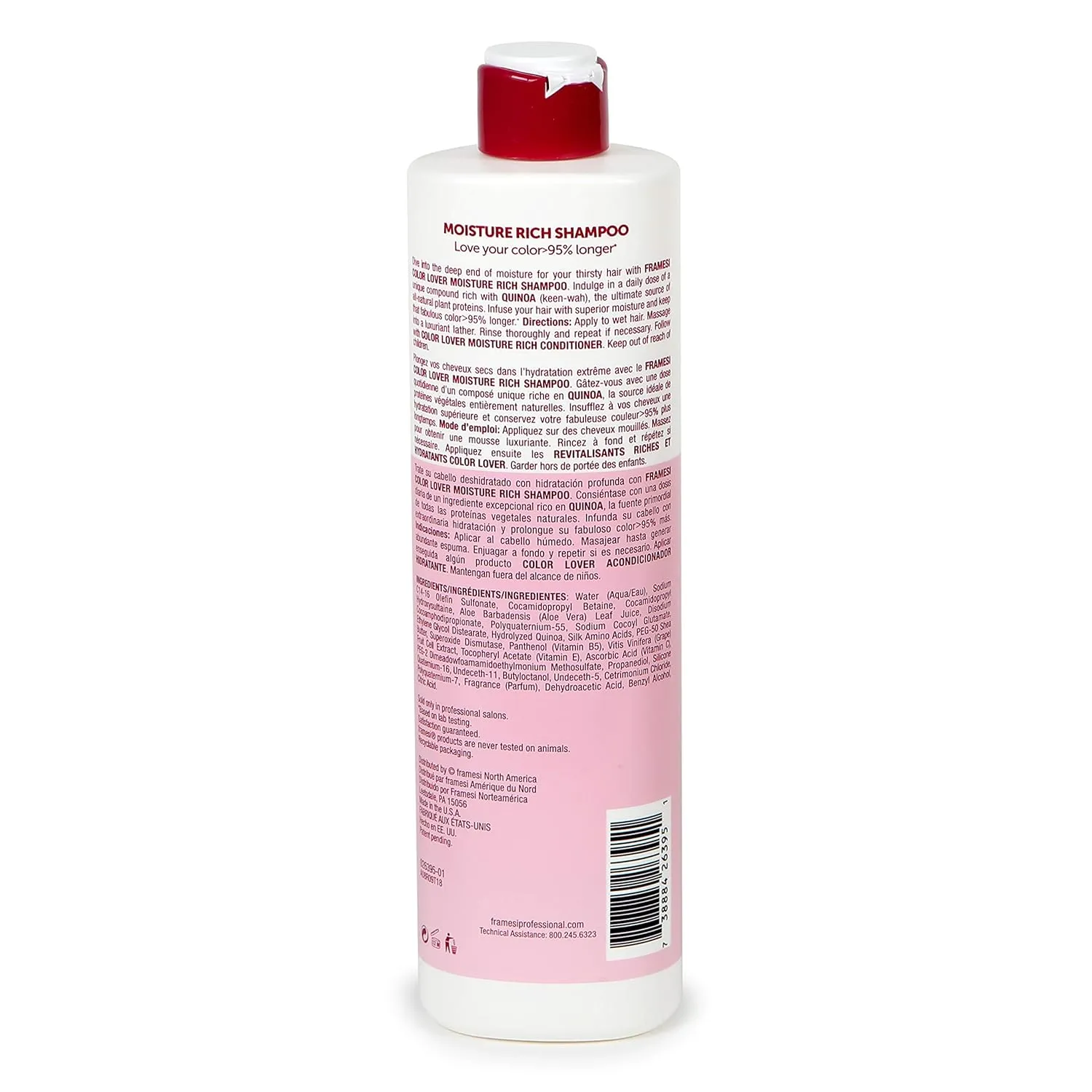 Framesi Color Lover Moisture Rich Shampoo, Sulfate Free Shampoo with Quinoa and Aloe Vera, Color Treated Hair