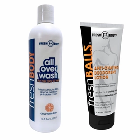 Fresh Balls & Fresh Bodywash Complete Hygiene Duo for Men Anti-Chafing Lotion & 2-in-1 Body Wash   Shampoo – Soothing, Moisturizing & Long-Lasting Citrus Vanilla Scent, 10.8oz   3.4oz