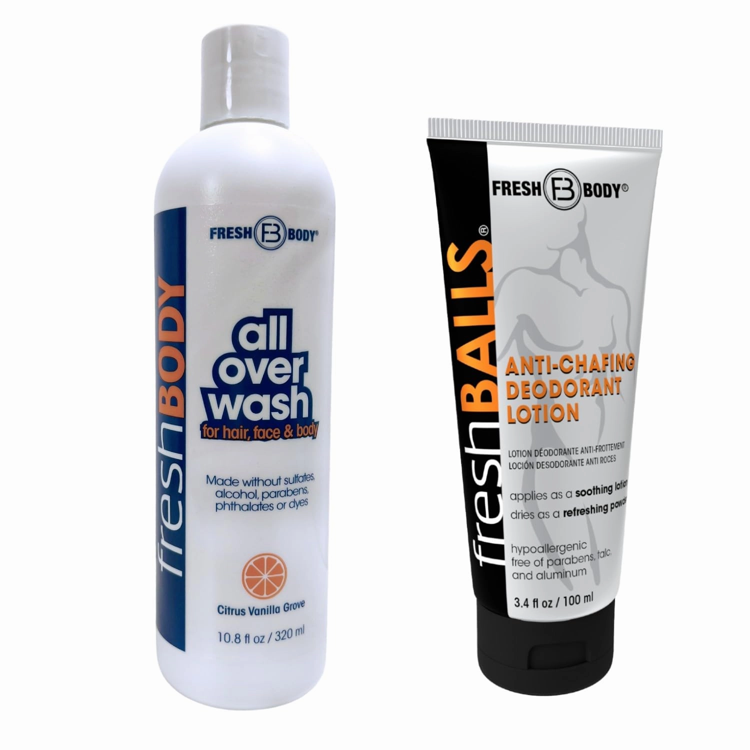 Fresh Balls & Fresh Bodywash Complete Hygiene Duo for Men Anti-Chafing Lotion & 2-in-1 Body Wash   Shampoo – Soothing, Moisturizing & Long-Lasting Citrus Vanilla Scent, 10.8oz   3.4oz
