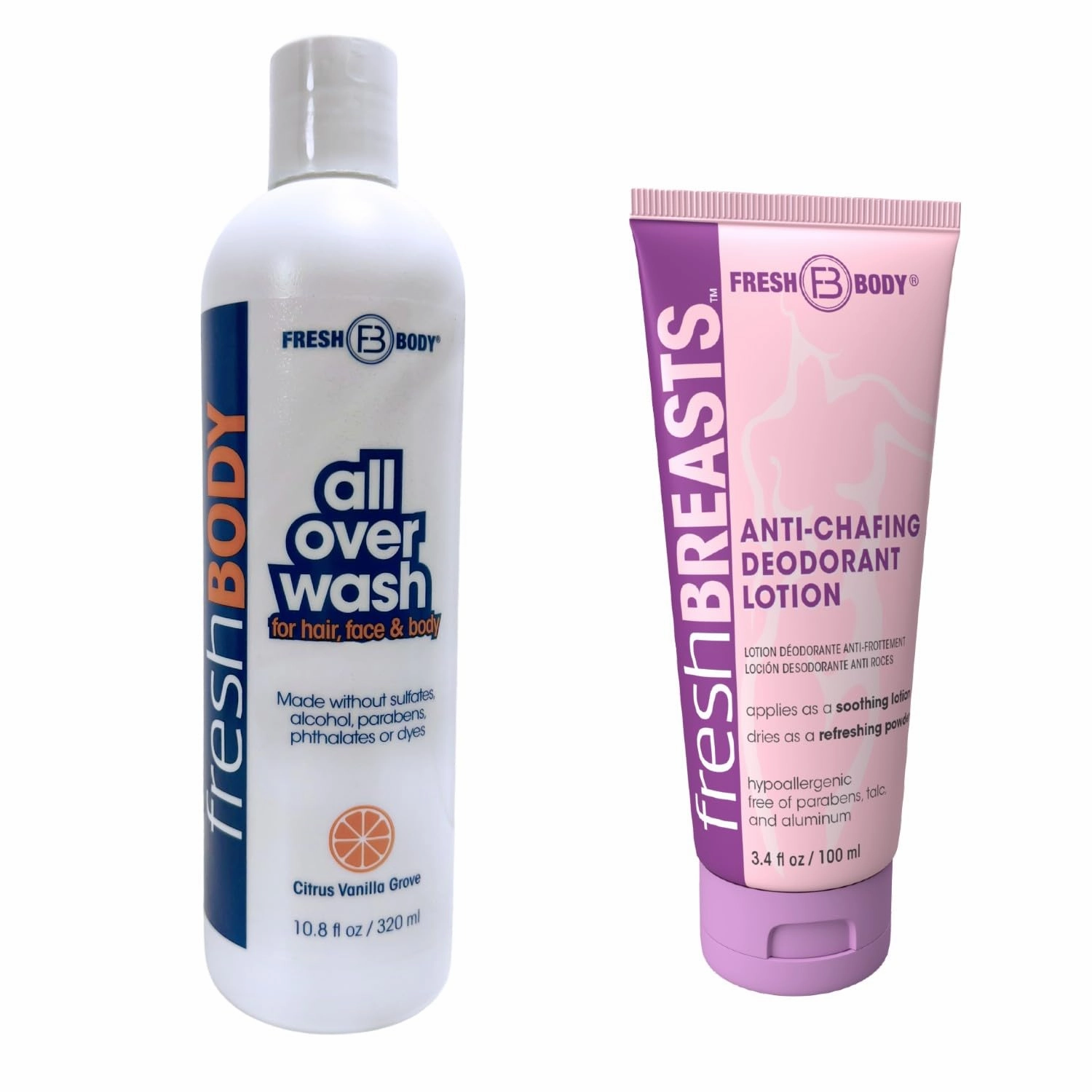 Fresh Breasts Lotion & Fresh Body Care Duo – Anti-Chafing Deodorant Cream for Women   2-in-1 All Over Body Wash & Shampoo – Soothing, Moisturizing, Long-Lasting Citrus Vanilla Scent, 10.8oz   3.4oz