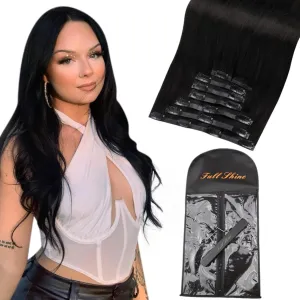 Full Shine Black Hair Extensions Clip in Human Hair 18 Inch Pu Weft Clip in Extensions Real Human Hair 8Pcs 120 Grams One Long Hair Extension Storage Bag With Hair Extension Hanger