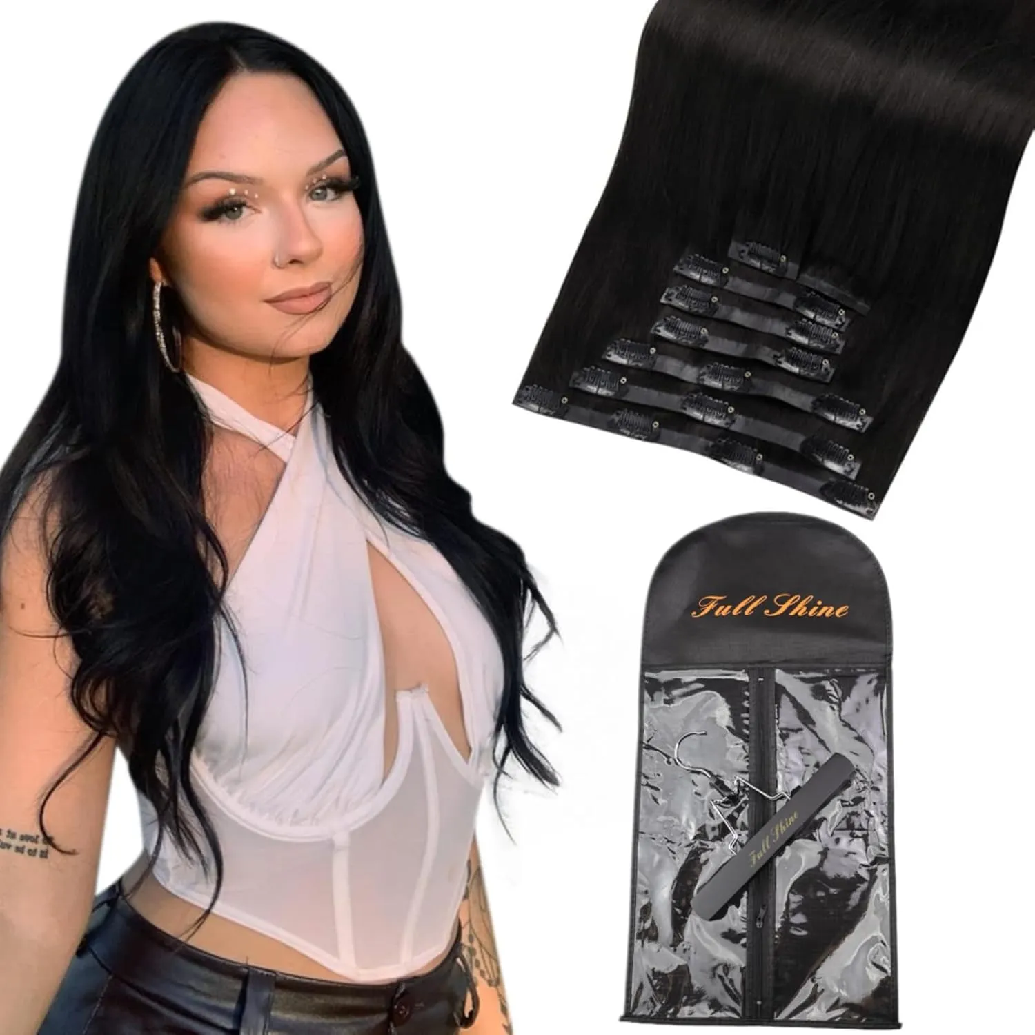 Full Shine Black Hair Extensions Clip in Human Hair 18 Inch Pu Weft Clip in Extensions Real Human Hair 8Pcs 120 Grams One Long Hair Extension Storage Bag With Hair Extension Hanger