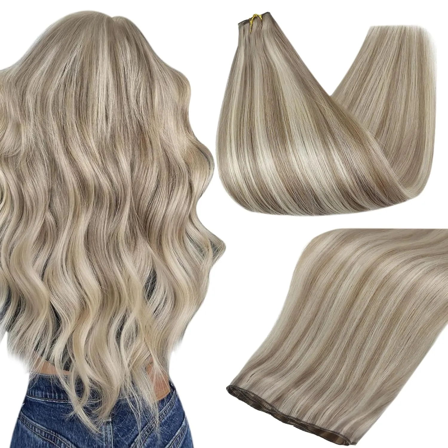 Full Shine Hand Tied Weft Hair Extensions Genius Weft Human Hair Extensions Color Ash Blonde Mix Bleach Blonde Extensions Sew In Highlight Human Hair Weft Sew Ins 20 Inch 80G
