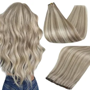 Full Shine Hand Tied Weft Hair Extensions Genius Weft Human Hair Extensions Color Ash Blonde Mix Bleach Blonde Extensions Sew In Highlight Human Hair Weft Sew Ins 20 Inch 80G
