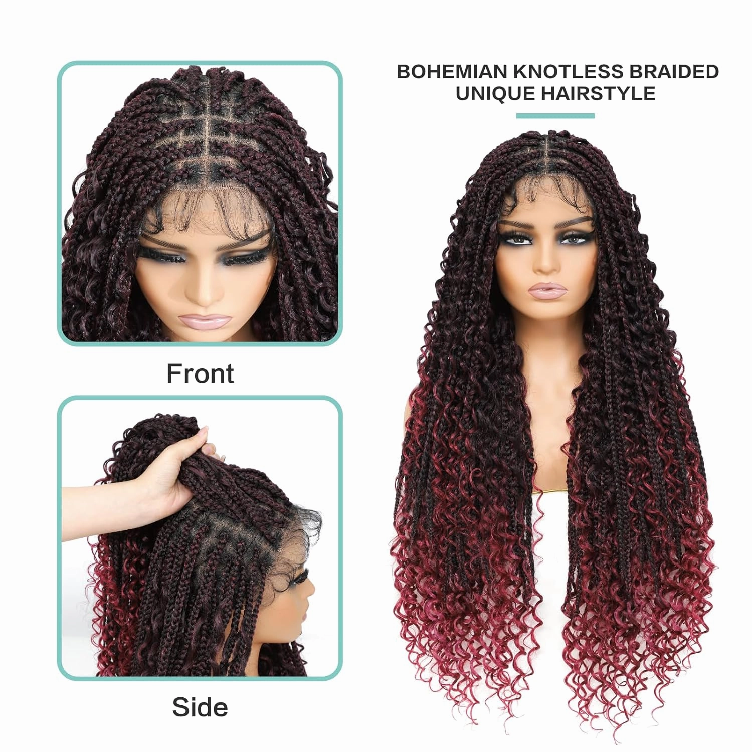 Full Lace Square Synthetic Boho Box Braid Wig with Baby Hair Bohemian Braided Curly Ends Wigs with for Woman 36 Inch, Burgundy Red