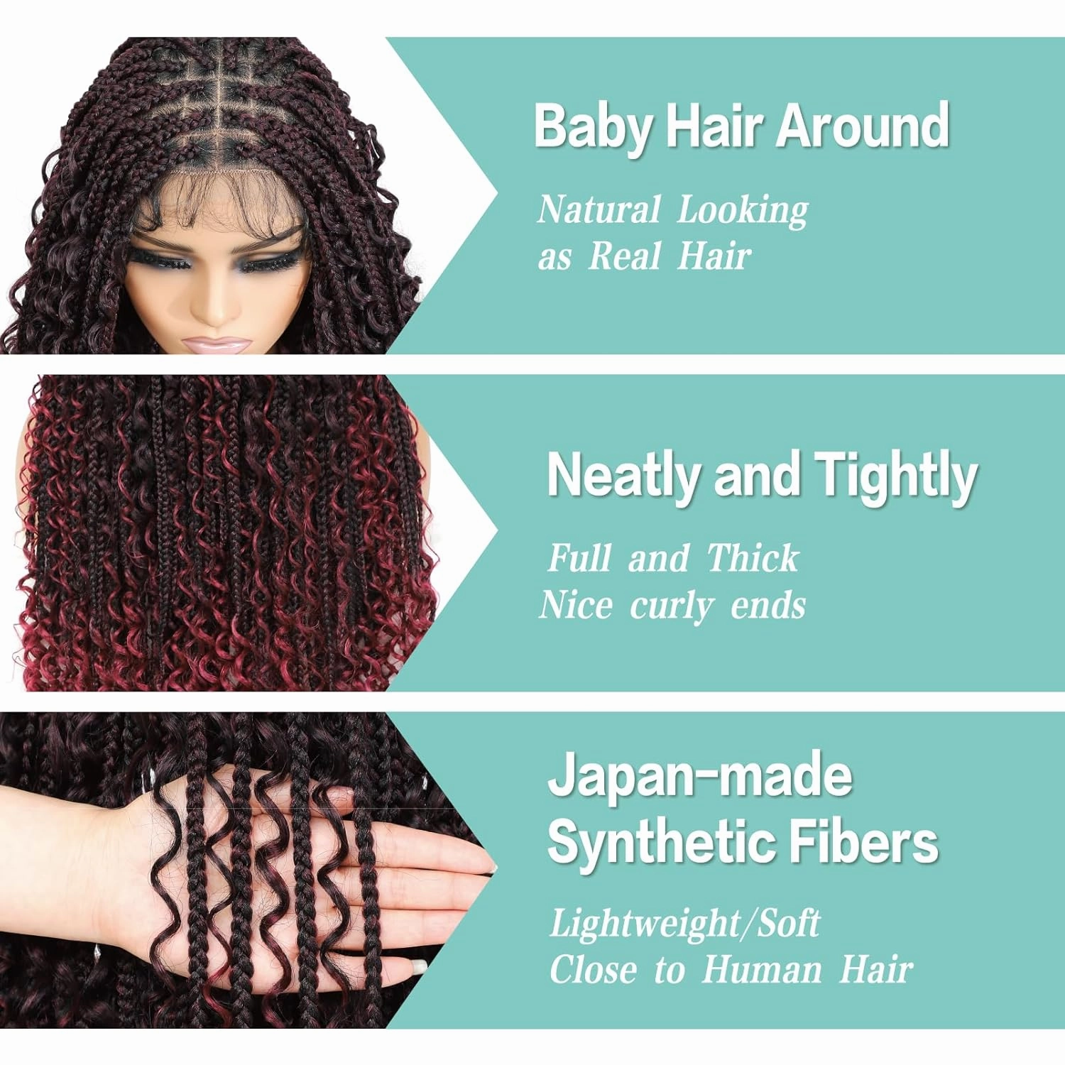 Full Lace Square Synthetic Boho Box Braid Wig with Baby Hair Bohemian Braided Curly Ends Wigs with for Woman 36 Inch, Burgundy Red