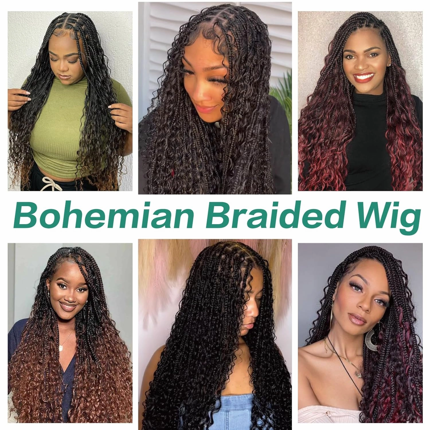 Full Lace Square Synthetic Boho Box Braid Wig with Baby Hair Bohemian Braided Curly Ends Wigs with for Woman 36 Inch, Burgundy Red