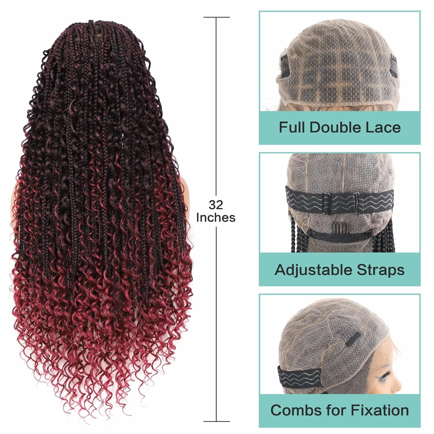 Full Lace Square Synthetic Boho Box Braid Wig with Baby Hair Bohemian Braided Curly Ends Wigs with for Woman 36 Inch, Burgundy Red