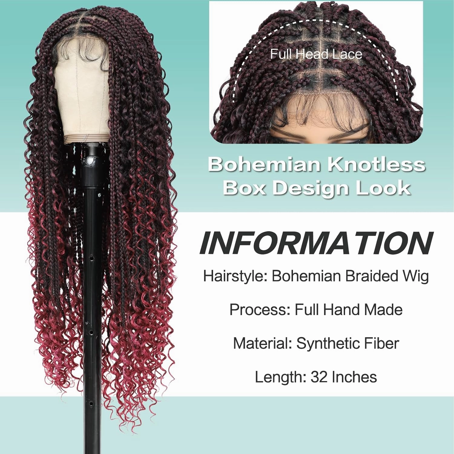 Full Lace Square Synthetic Boho Box Braid Wig with Baby Hair Bohemian Braided Curly Ends Wigs with for Woman 36 Inch, Burgundy Red