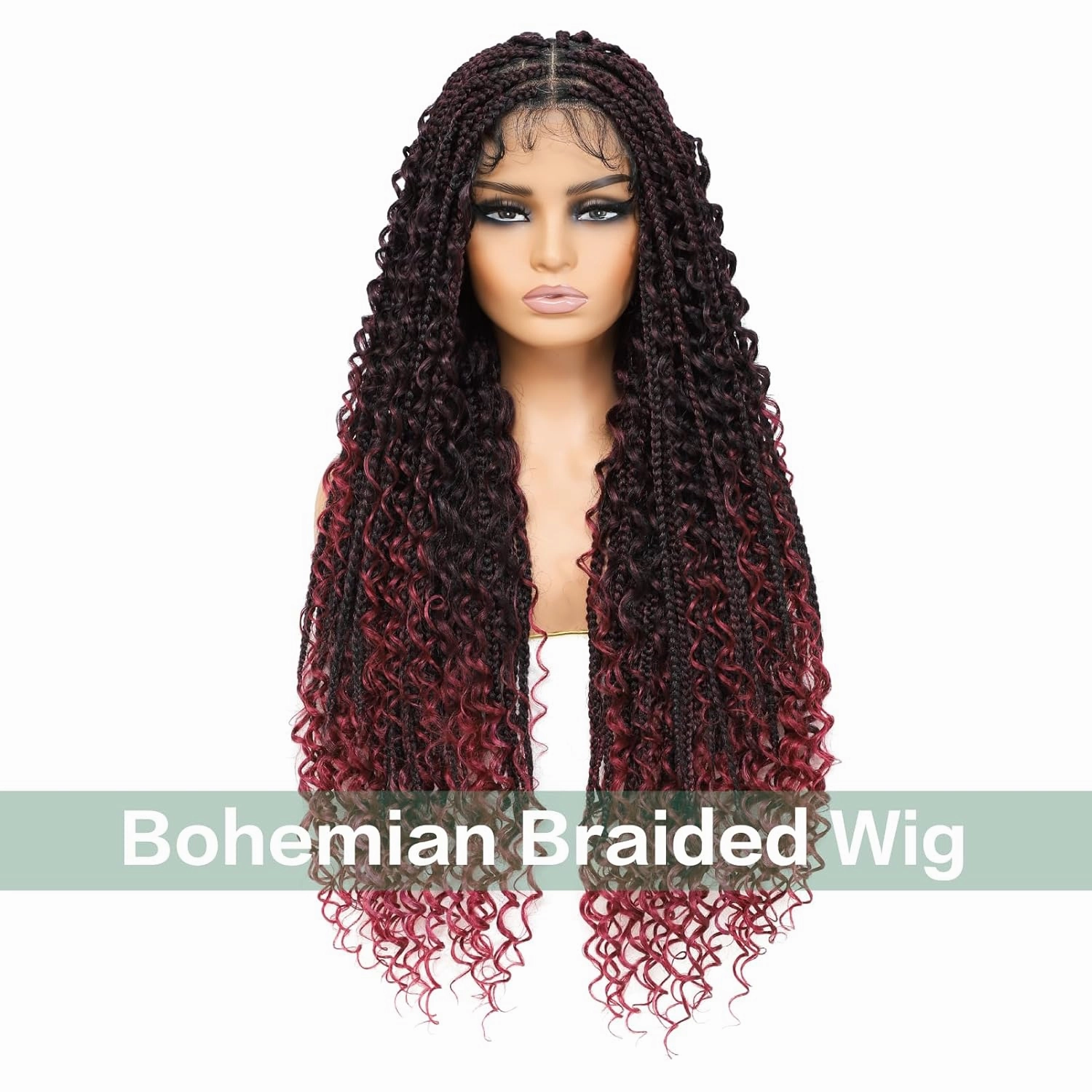 Full Lace Square Synthetic Boho Box Braid Wig with Baby Hair Bohemian Braided Curly Ends Wigs with for Woman 36 Inch, Burgundy Red