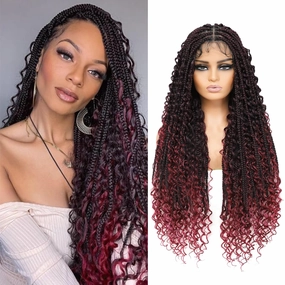 Full Lace Square Synthetic Boho Box Braid Wig with Baby Hair Bohemian Braided Curly Ends Wigs with for Woman 36 Inch, Burgundy Red