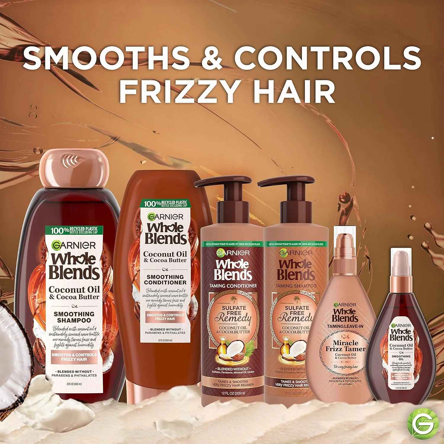 Garnier Whole Blends Sulfate Free Remedy Miracle Frizz Tamer 10-in-1 Leave-In Conditoner for Very Frizzy Hair, Coconut Oil & Cocoa Butter, 5 Fl Oz, 2 Count (Packaging May Vary)