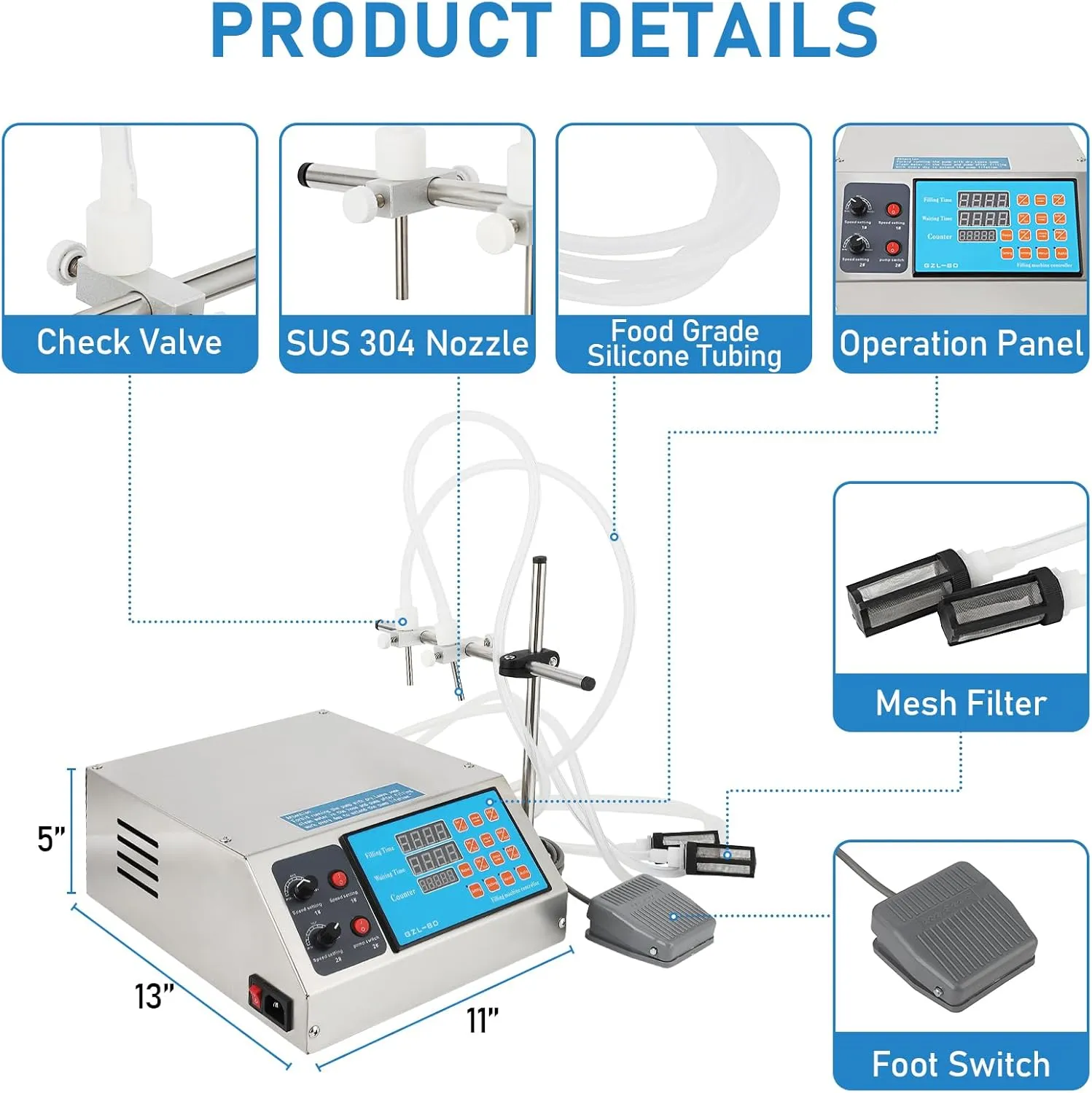 GarveeHom Liquid Filling Machine,Automatic Bottle Filler 135 Fl Oz Digital Liquid Filler Digital Control for Il, Detergent, Shampoo,Medium-Low Viscous Liquids (2 Head)