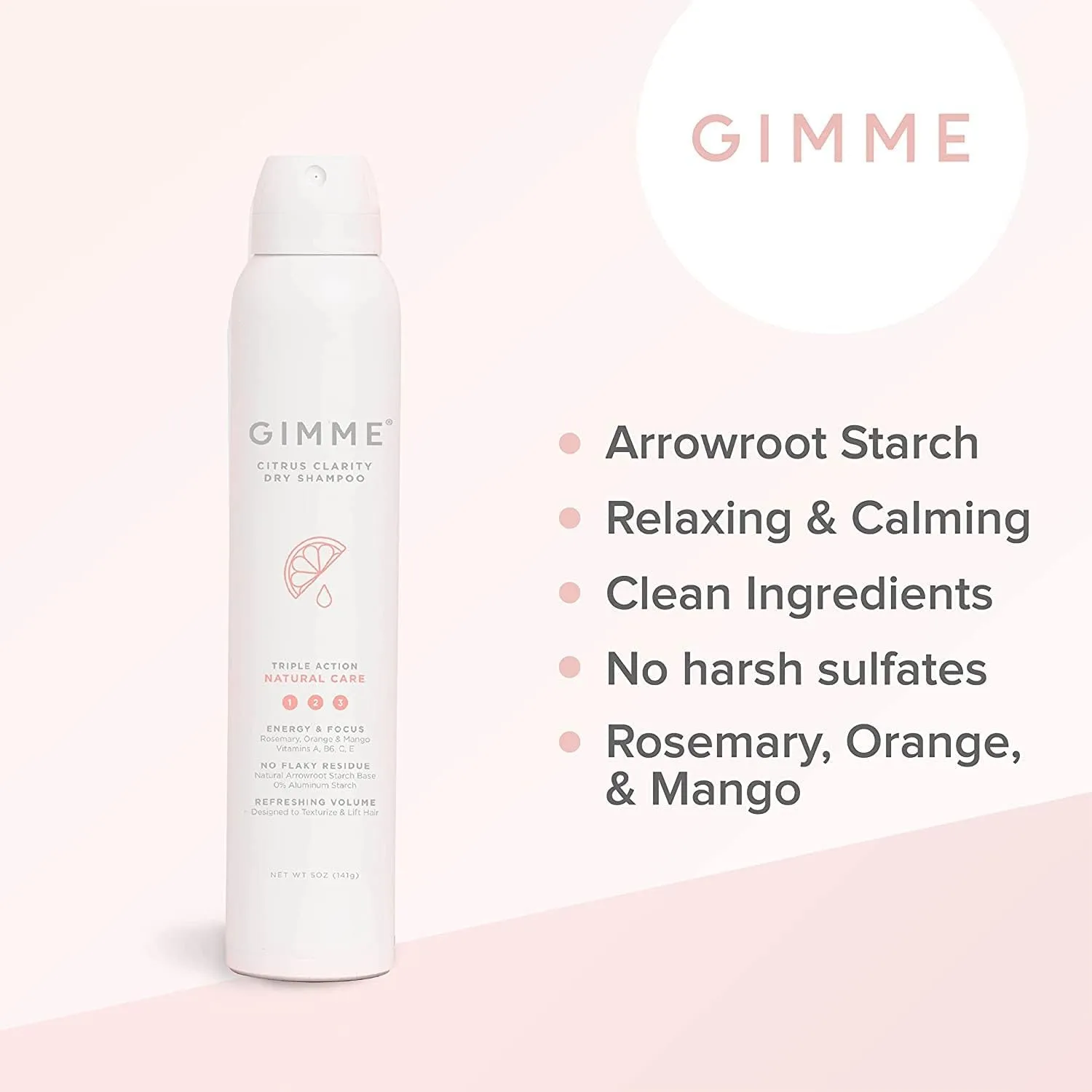 Gimme Beauty - Citrus Clarity - Natural Care Dry Shampoo with Rosemary, Orange, Mango, & Vitamins A, B6, C, & E - Texturizes & Lifts Hair - Free of Sulfates, Aluminum Starch, & Parabens (5 Oz)