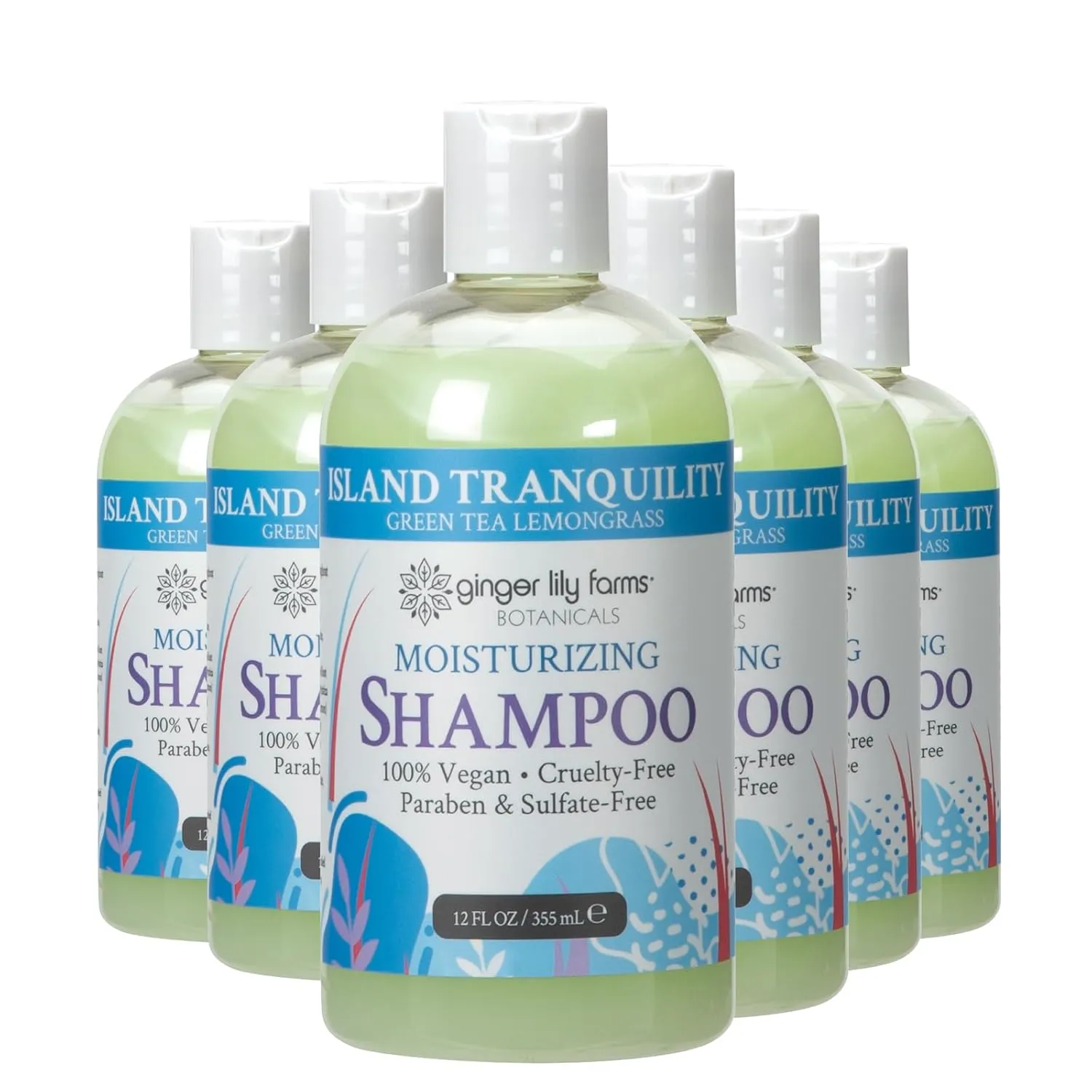 Ginger Lily Farms Botanicals Moisturizing Shampoo for All Hair Types, Island Tranquility, 100% Vegan & Cruelty-Free, Green Tea Lemongrass Scent, 12 Fl Oz (Pack of 6)