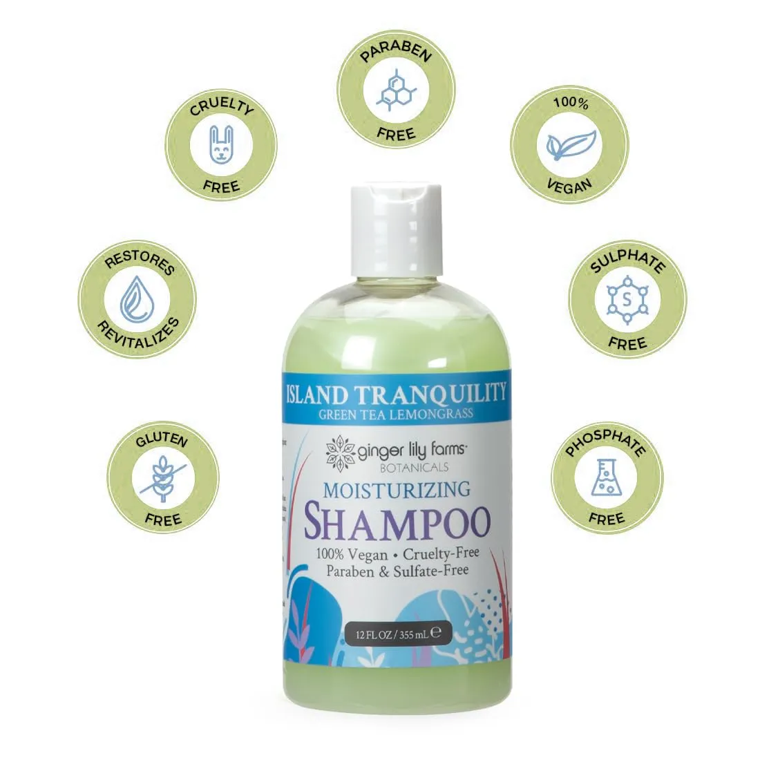 Ginger Lily Farms Botanicals Moisturizing Shampoo for All Hair Types, Island Tranquility, 100% Vegan & Cruelty-Free, Green Tea Lemongrass Scent, 12 Fl Oz (Pack of 6)