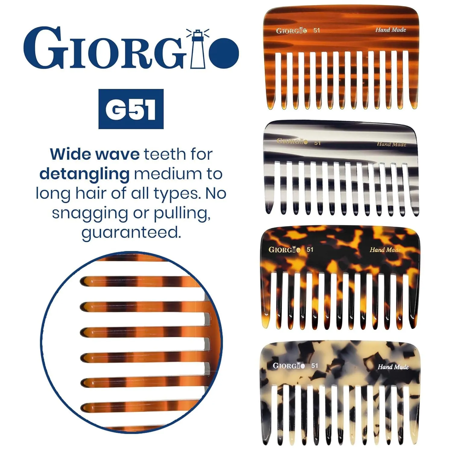 Giorgio G51 Wide Tooth Combs for Women Detangling Comb, Wide Teeth Pocket Comb for Thick Curly Wavy Hair. Hair Detangler Comb For Wet and Dry Everyday Care. Handmade, Saw-Cut and Hand Polished (3.75")