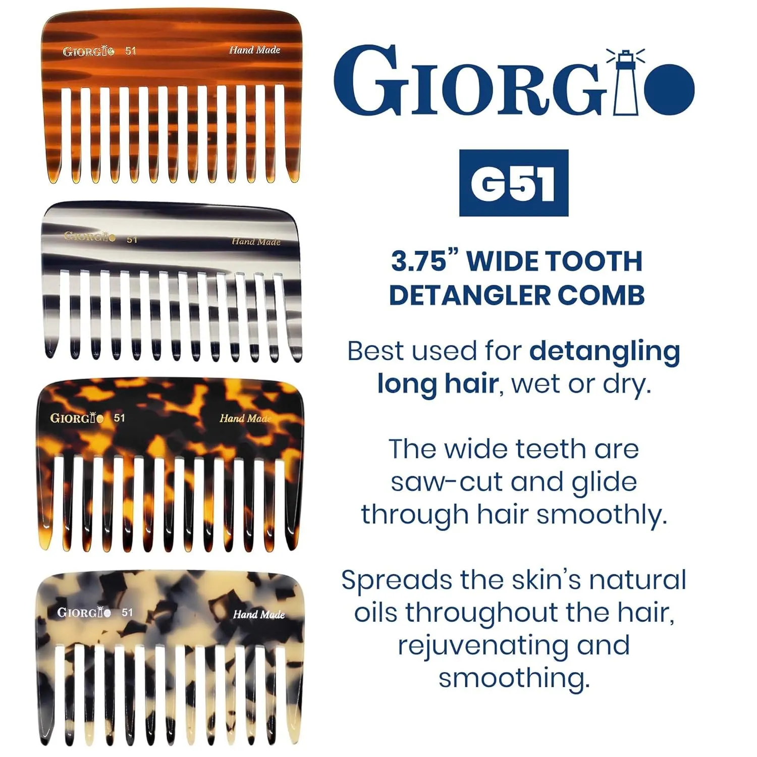 Giorgio G51 Wide Tooth Combs for Women Detangling Comb, Wide Teeth Pocket Comb for Thick Curly Wavy Hair. Hair Detangler Comb For Wet and Dry Everyday Care. Handmade, Saw-Cut and Hand Polished (3.75")