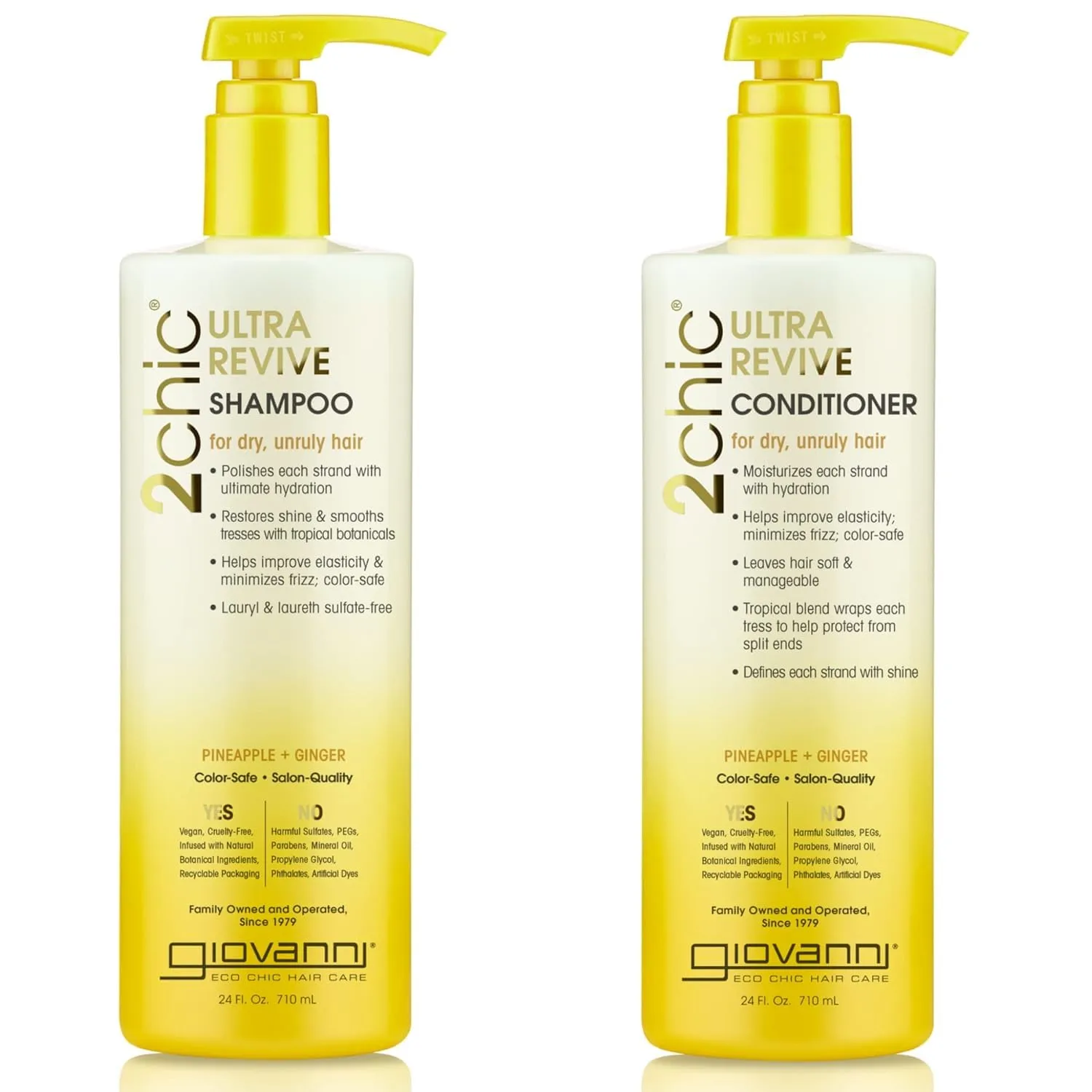 GIOVANNI 2chic Ultra-Revive Shampoo & Conditioner - Pineapple & Ginger to Moisturize Dry Unruly Hair, Aloe Vera, Pro-Vitamin B5, Lauryl & Laureth Sulfate Free, Color Safe - 24 oz (2 Pack)