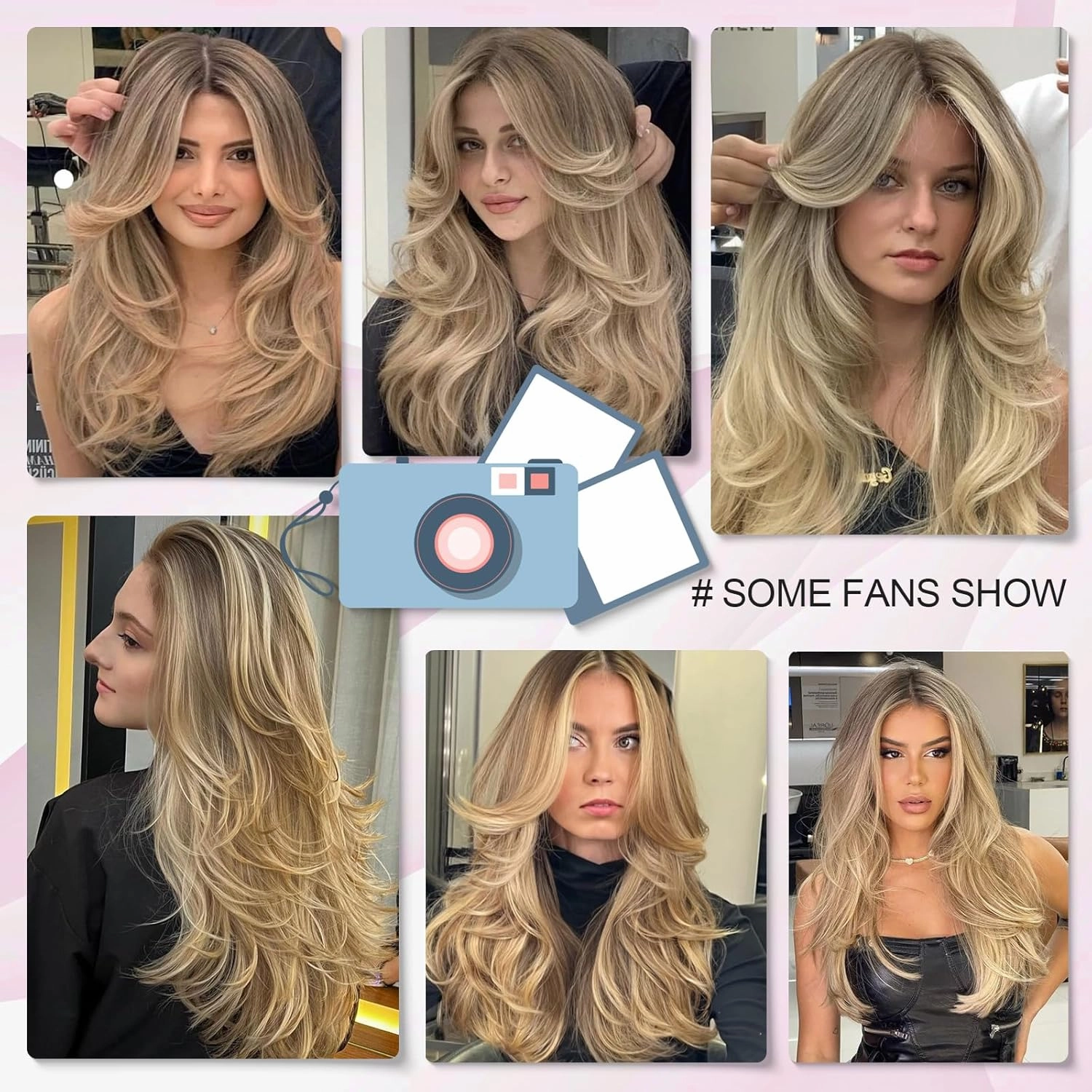 Golden Blonde Long Wavy Highlight Brown Layered Wig with Curtain Bangs for Black Women Synthetic Ombre Ash Brown Layered Wig Long Wavy Blonde Shaggy for Women 24inch (27H613)